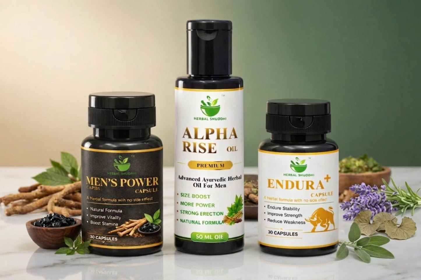 Herbal Shuddhi Men's Wellness Combo | Men's Power Capsules + Endura+ Capsules + Alpha Rise Oil